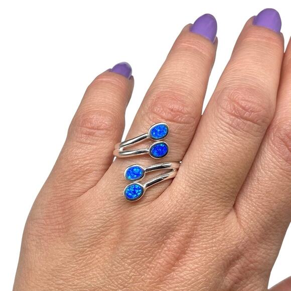Blue Fire Opal Ring Solid 925 Sterling Silver Adjustable Size 5 6 7 8 8.5 - Picture 4 of 9